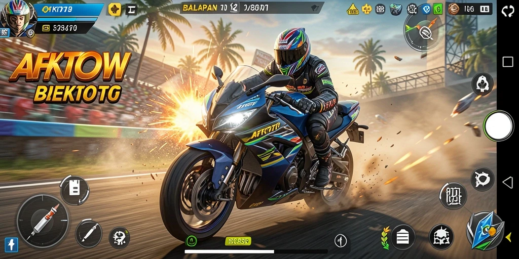 Screenshot menunjukkan aksi balap motor yang memukau di lintasan.