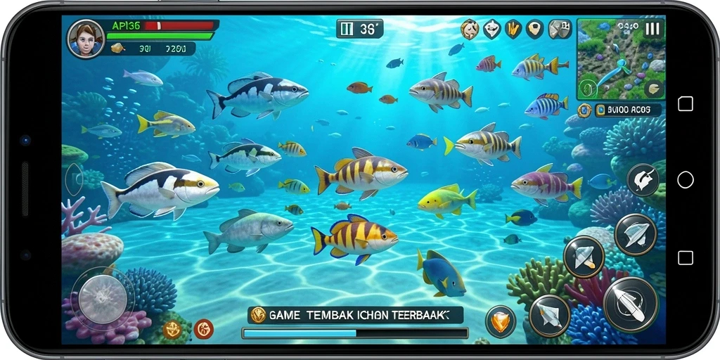 Screenshot gameplay API36 menampilkan aksi seru menembak ikan.