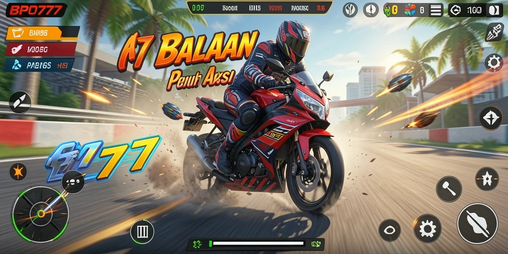 Screenshot gameplay BPO777 menampilkan balapan motor yang seru dan mendebarkan.