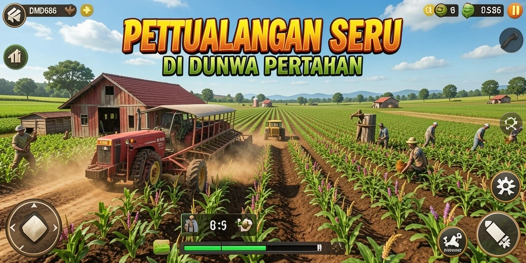 Screenshot utama menunjukkan gameplay pertanian yang dinamis dan interaktif.