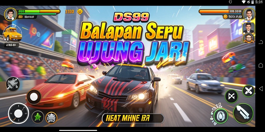 Screenshot menampilkan momen balapan seru di DS99 dengan kendaraan yang melaju kencang.
