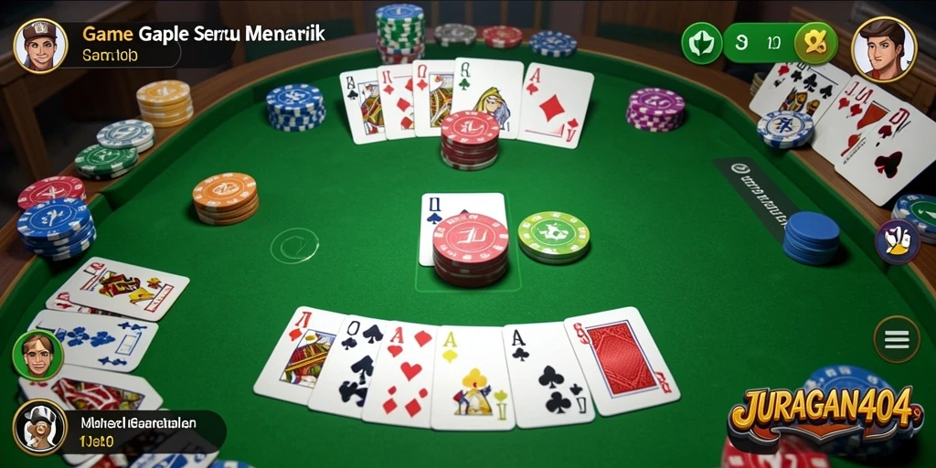 Screenshot utama JURAGAN404 menampilkan gameplay Gaple yang seru dan interaktif.
