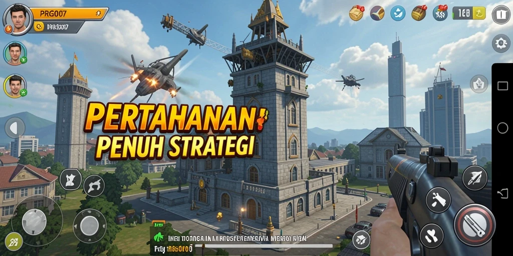 Screenshot PRG007 menampilkan strategi menara dalam aksi Tower Defense.