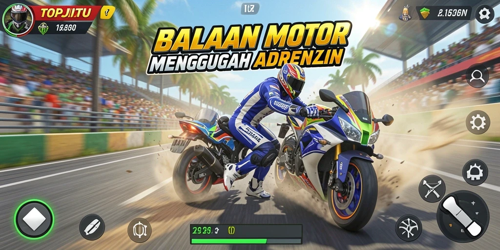 Screenshot gameplay TOPJITU menampilkan aksi balapan motor yang mendebarkan.